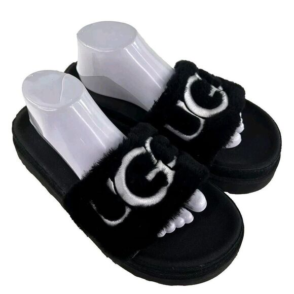 UGG WOMEN'S LATON PLATFORM SHOES US 10 SHEARLING SLIDE SANDALS BLACK OPEN-TOE - Picture 1 of 10
